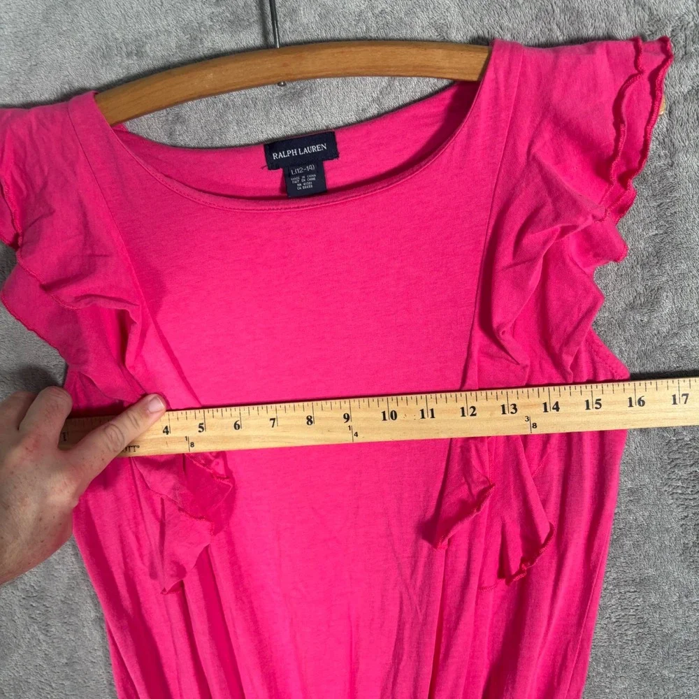 Ralph Lauren Girls Dress Size L 12-14 Hot Pink Ruffle Sleeve Drawstring Waist‎